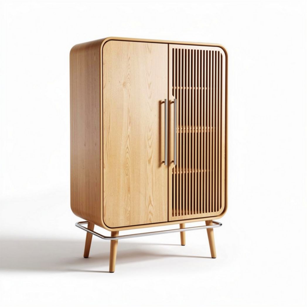 Wooden storage cabinet with slatted doors and metal base 80 x 40 x 120cm