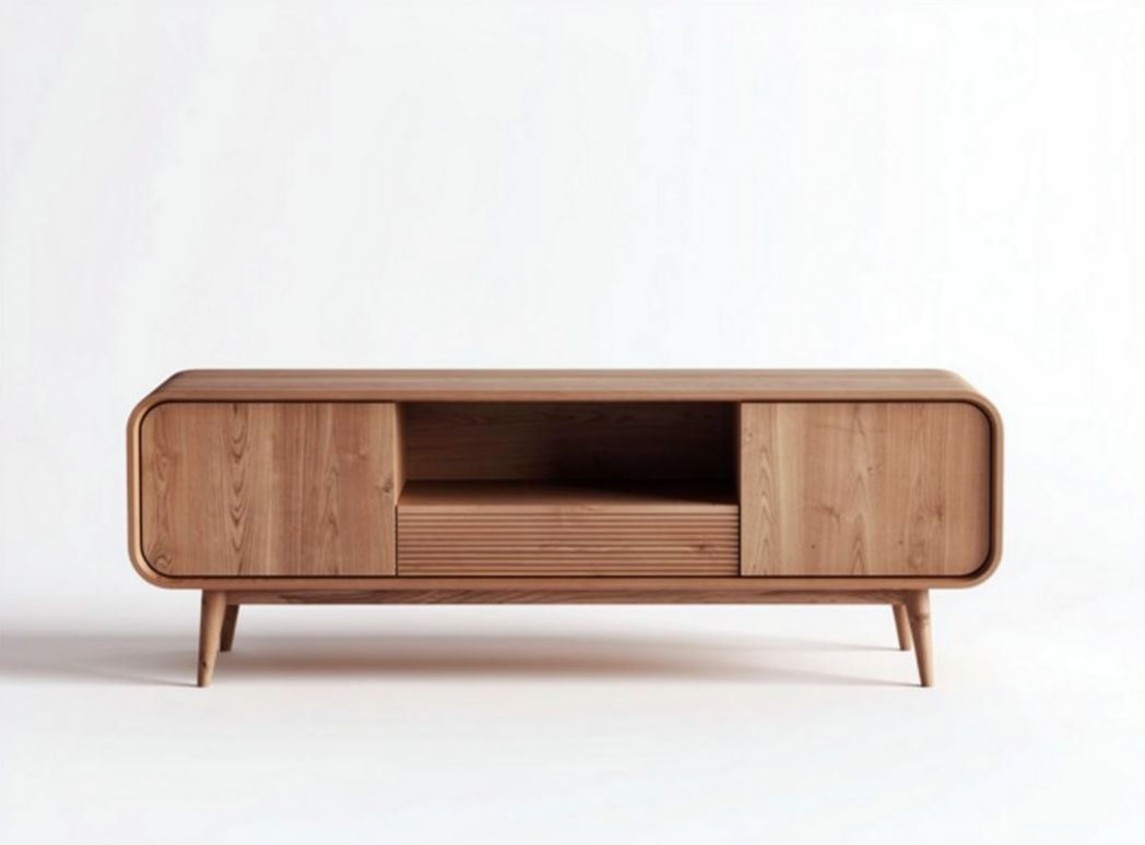 Wooden media console table with sliding doors and open storage space 150 x 40 x 50cm