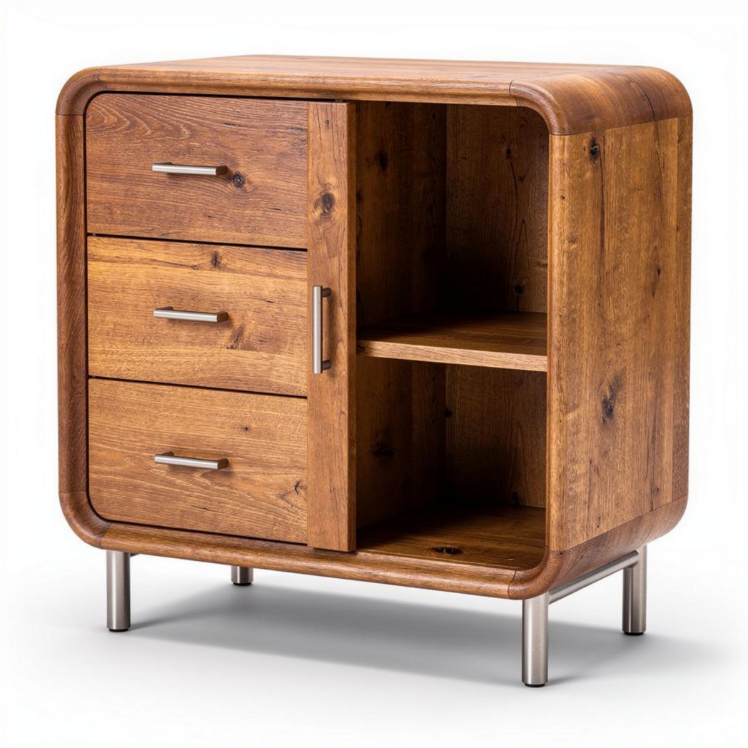 Wooden storage cabinet with three drawers and open shelf 60 x 45 x 50cm