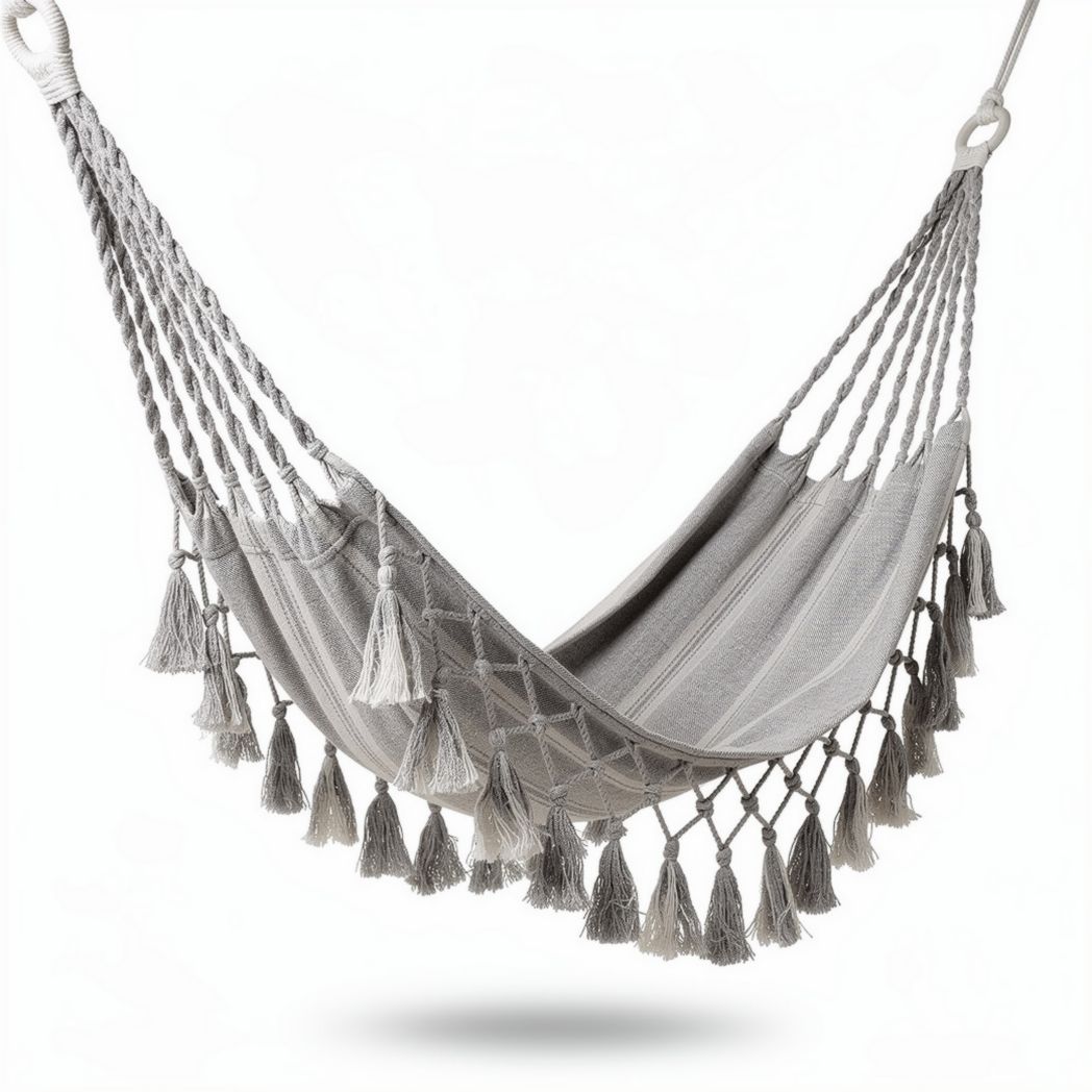 Gray woven hammock with decorative tassels for indoor or outdoor use