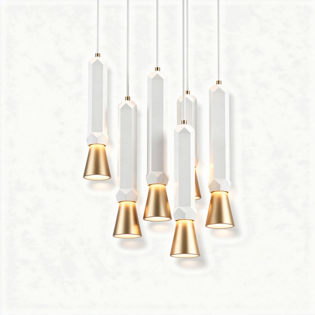 Pendant light fixture with geometric design in white and gold 20 x 20 x 60cm