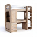 Bunk bed with integrated desk and storage in natural wood finish 200 x 150 x 180cm