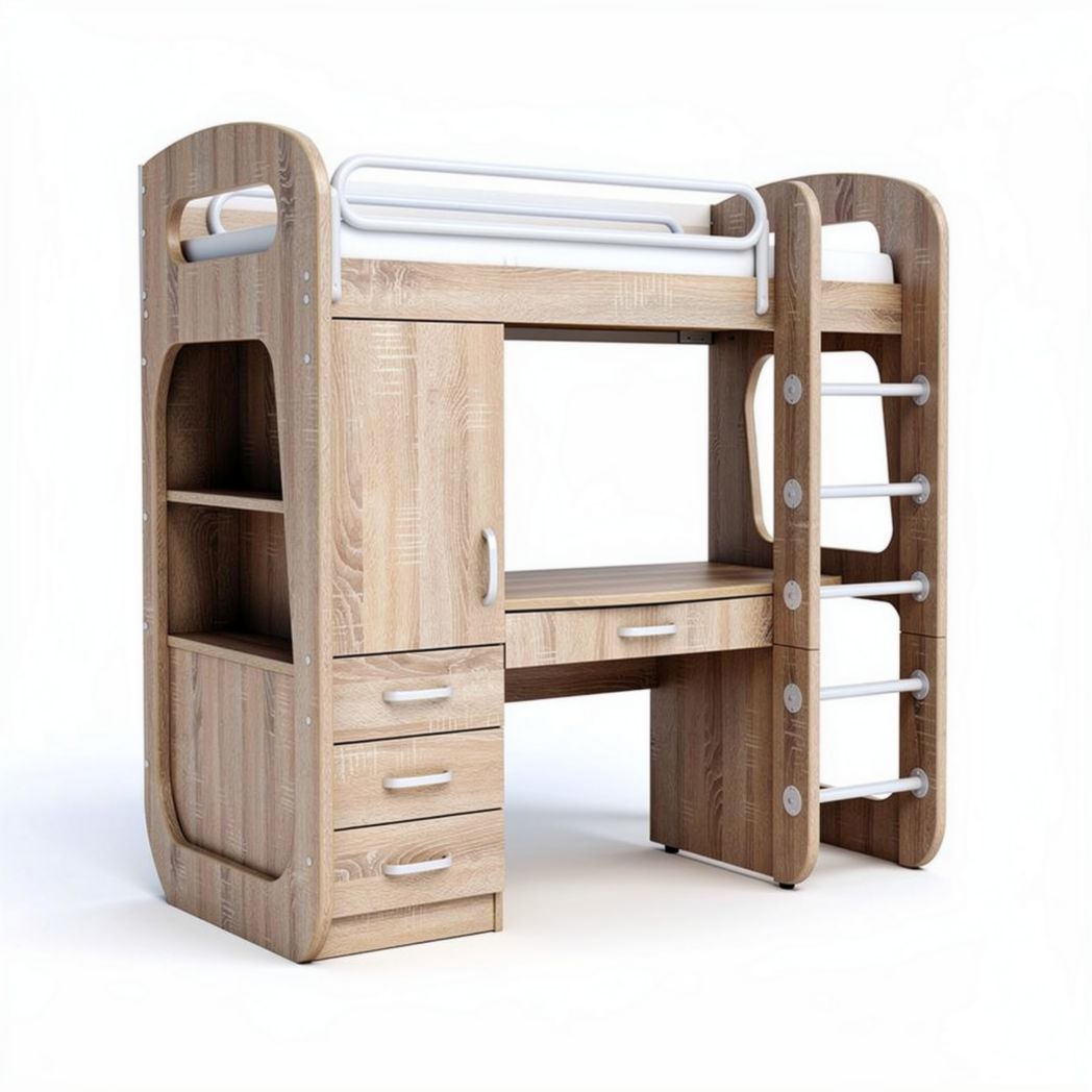Bunk bed with integrated desk and storage in natural wood finish 200 x 150 x 180cm