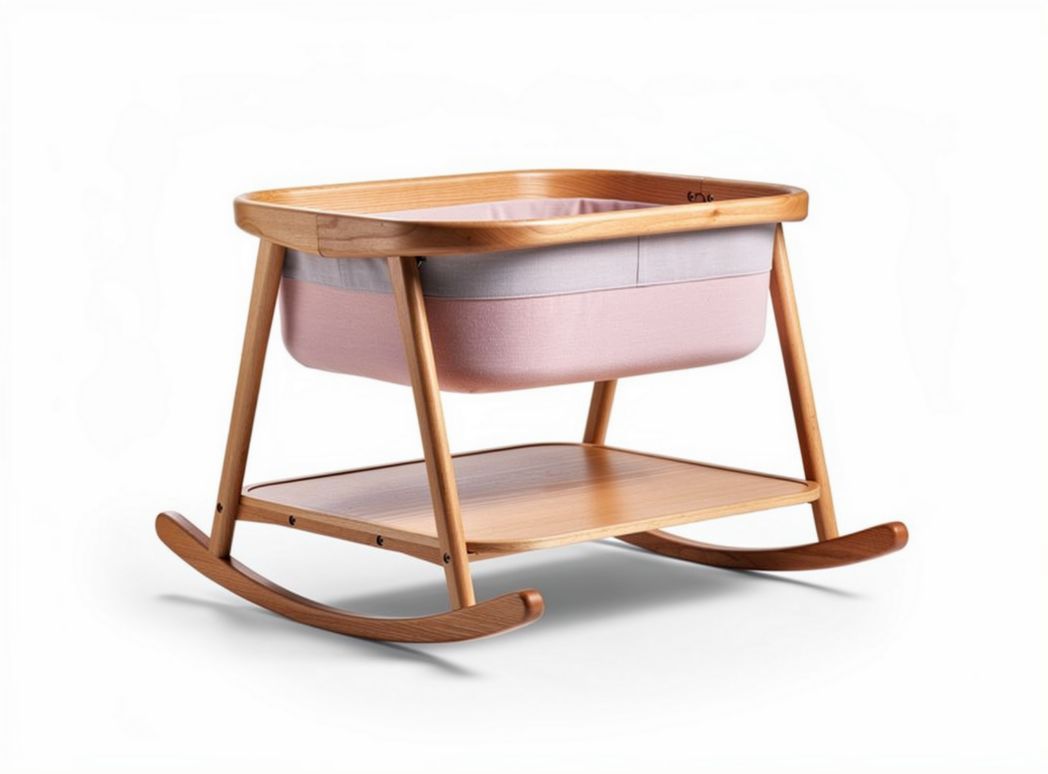 Wooden rocking bassinet with soft fabric lining and storage shelf 80 x 50 x 70cm