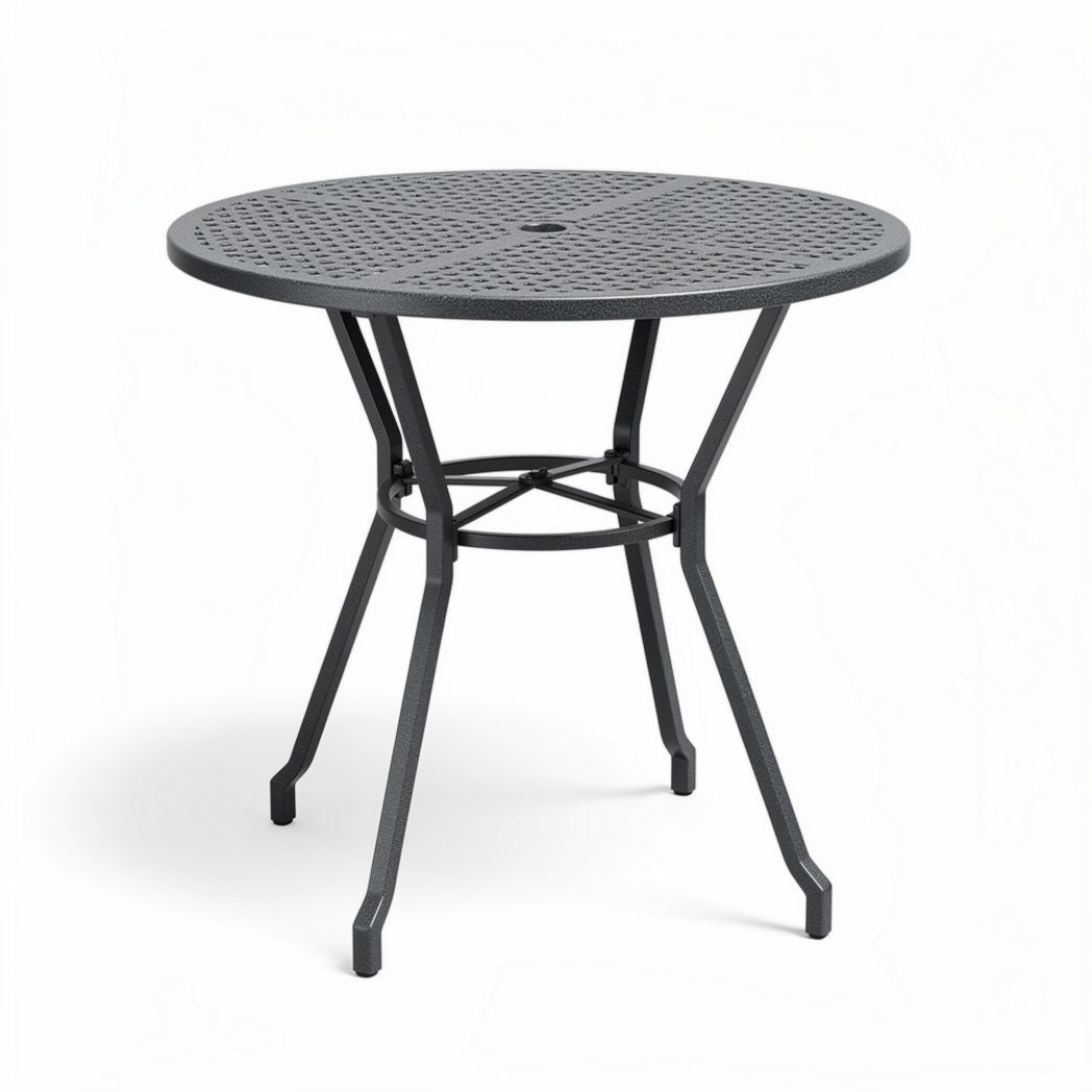 Round outdoor dining table in black metal 75 x 75 x 75cm for patio use