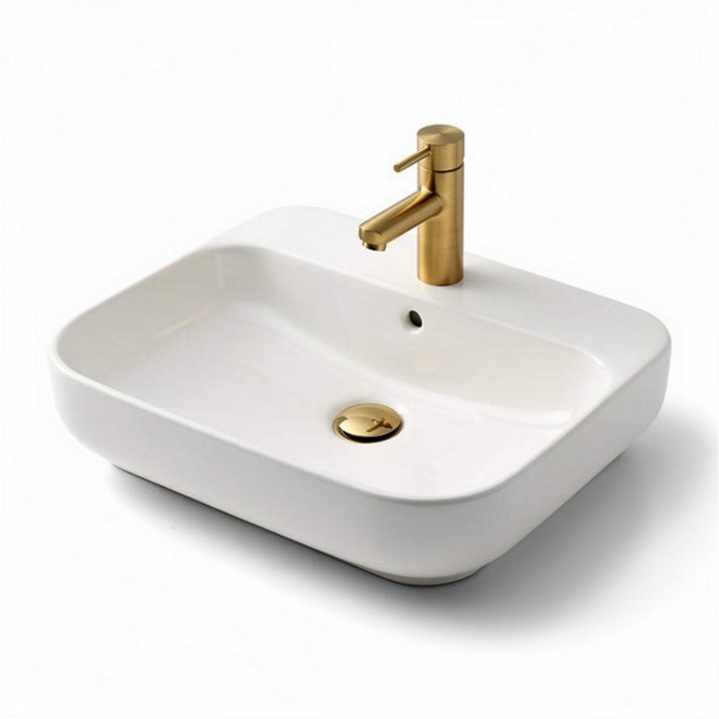 Ceramic countertop basin with gold faucet 40 x 30 x 10cm for bathroom use