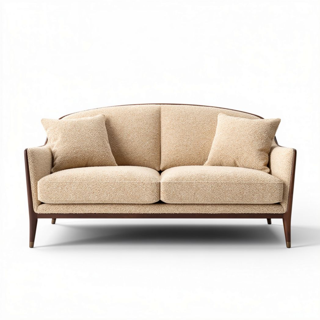 Fabric upholstered mid-century modern sofa with wood legs and two cushions