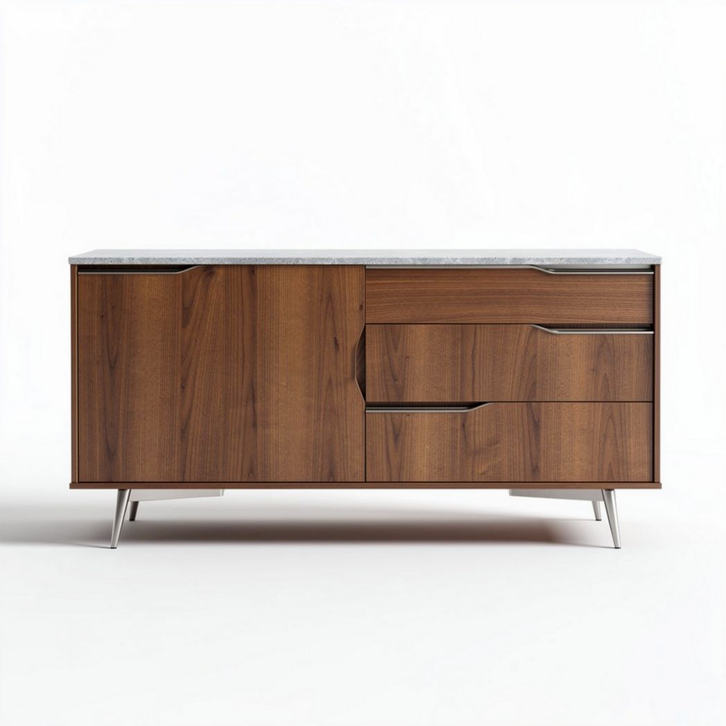 Wooden sideboard with marble top 150 x 45 x 70cm for living room storage