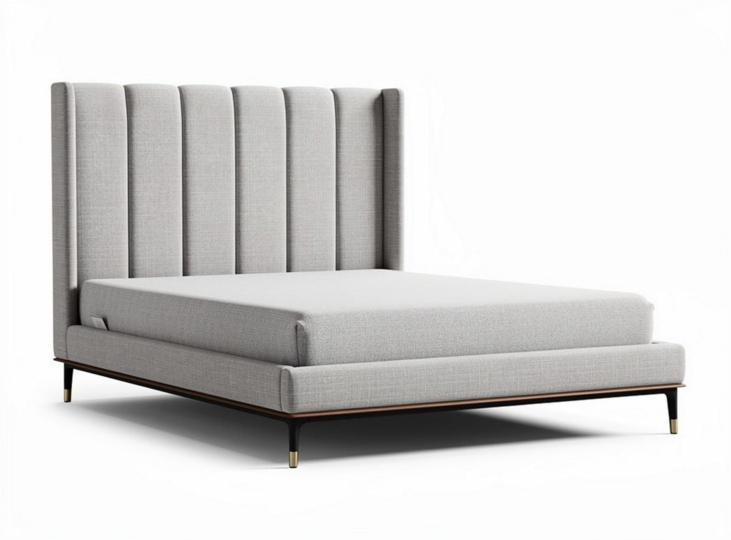 Upholstered king size bed frame with vertical channel tufting in gray fabric
